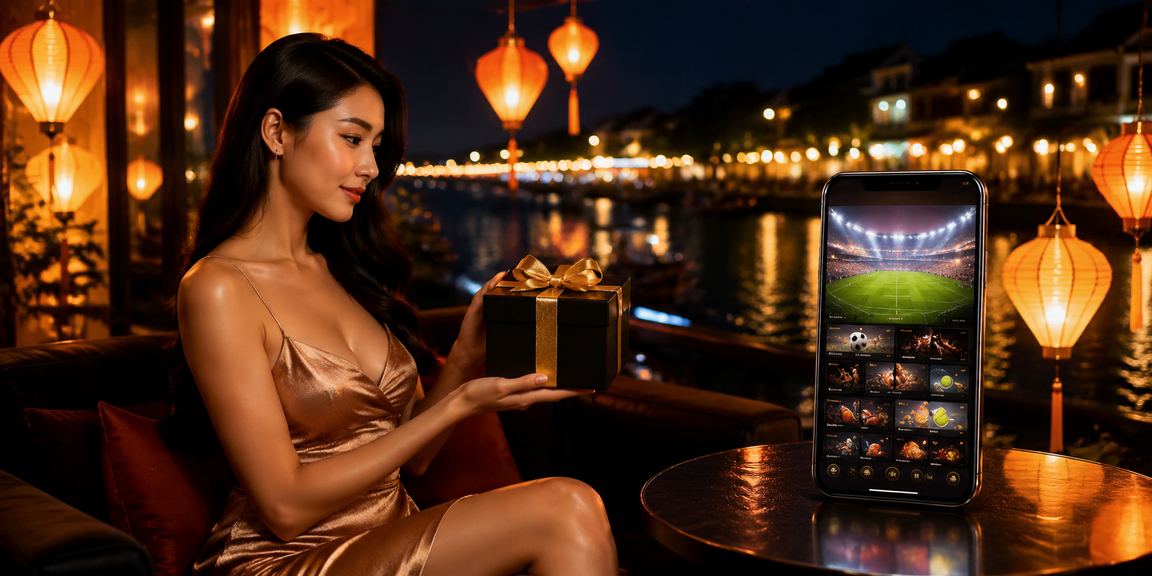 Hình ảnh giao diện cá cược thể thao với ánh đèn lồng Hội An